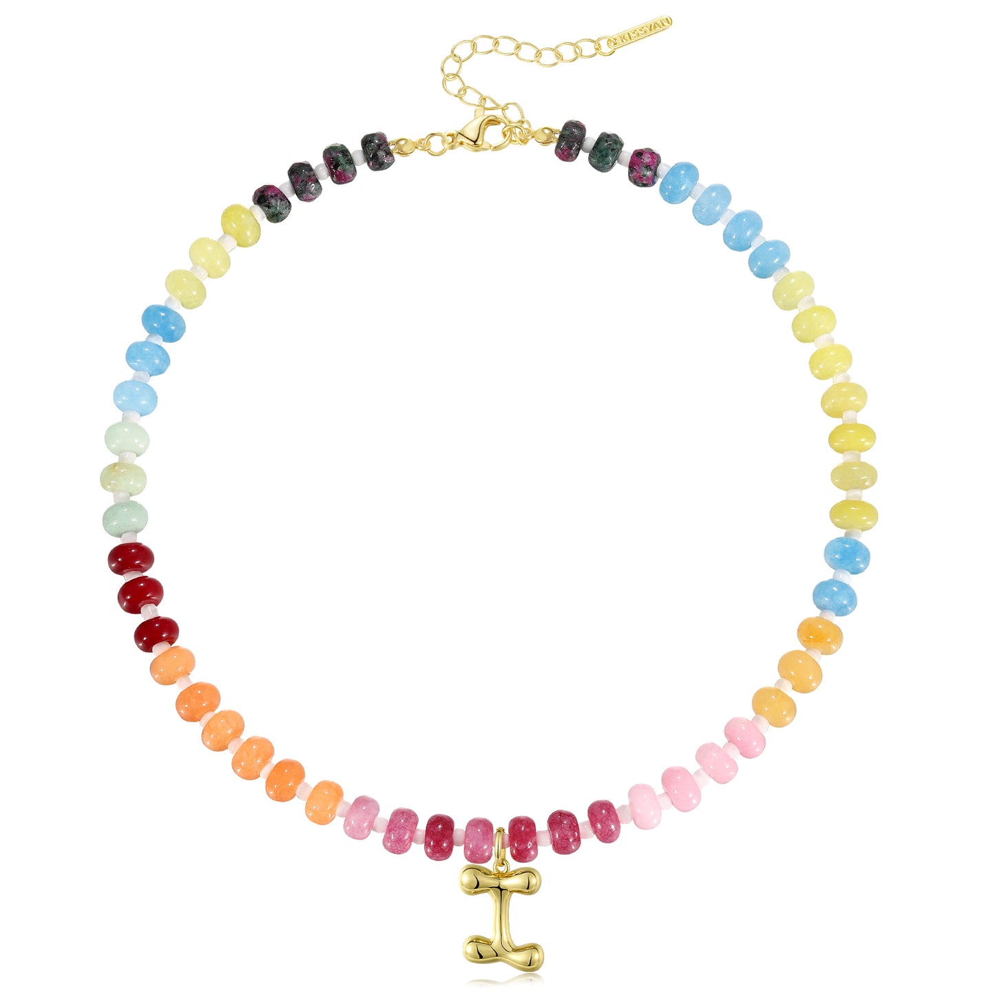 KissYan Colorful Beaded Gemstone Choker Bubble Letter Pendant
