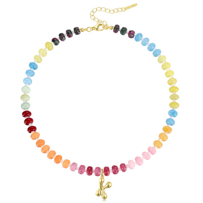 KissYan Colorful Beaded Gemstone Choker Bubble Letter Pendant