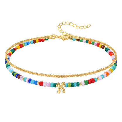 KissYan Initial Layered Colorful Beaded Anklet 14K Gold Chain