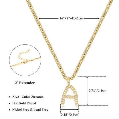 14K Gold Plated CZ Initial Letter Pendant Necklaces Cuban Chain
