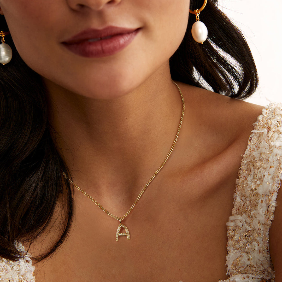 14K Gold Plated CZ Initial Letter Pendant Necklaces Cuban Chain