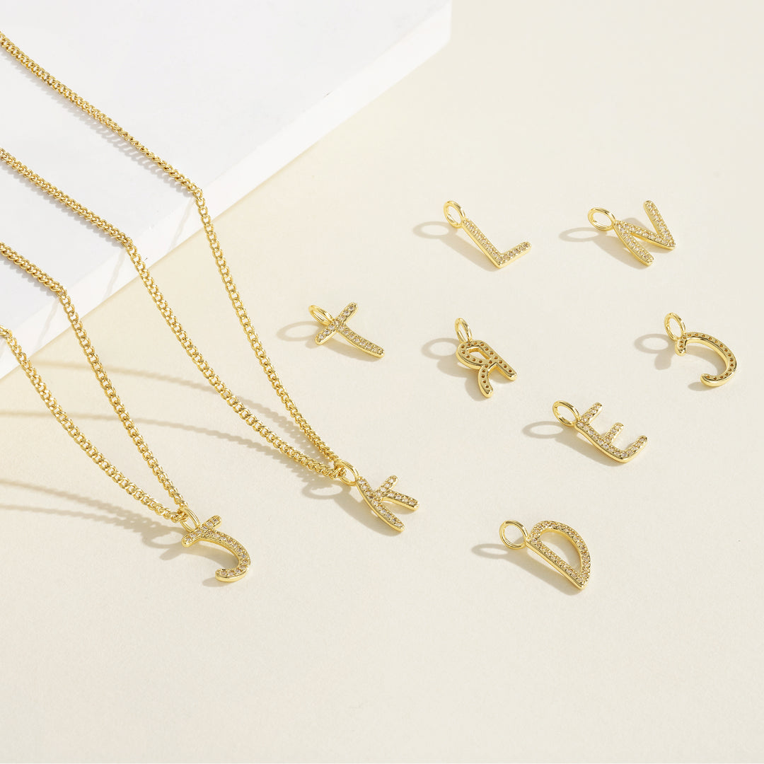 14K Gold Plated CZ Initial Letter Pendant Necklaces Cuban Chain