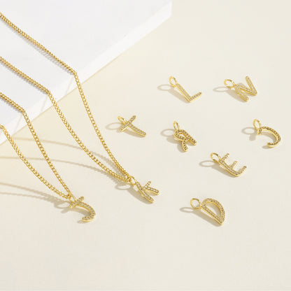 14K Gold Plated CZ Initial Letter Pendant Necklaces Cuban Chain