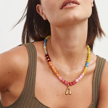 KissYan Colorful Beaded Gemstone Choker Bubble Letter Pendant