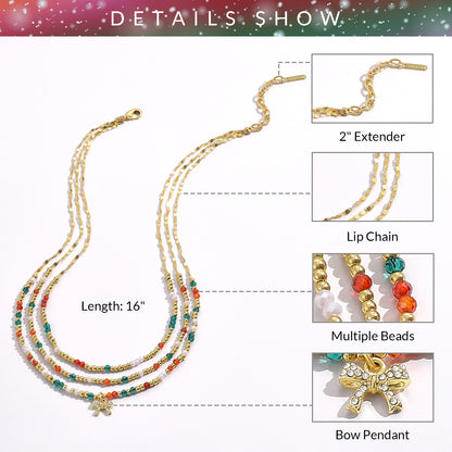 KissYan Christmas Bow Natural Gemstone Bead Festival Necklace