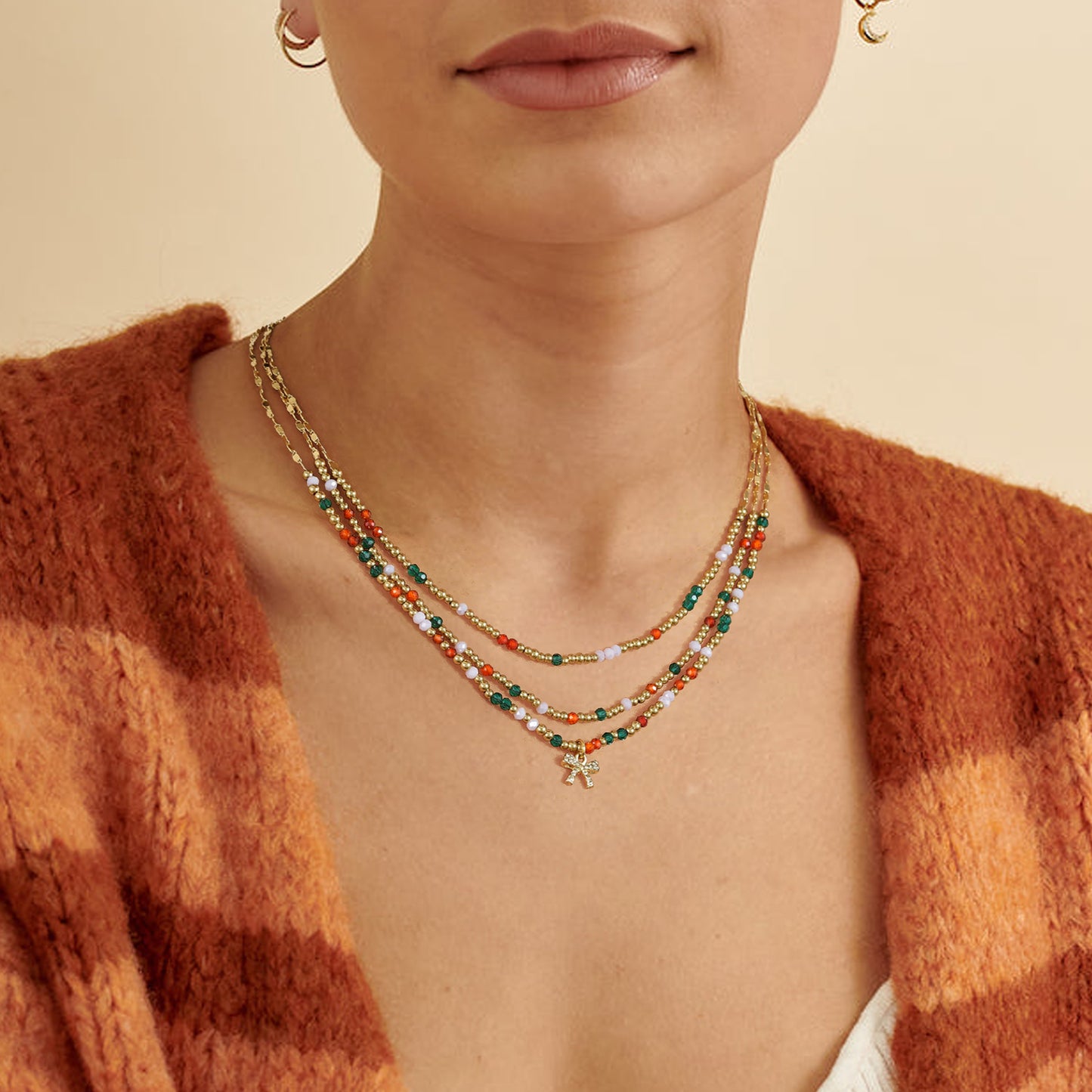 KissYan Christmas Bow Natural Gemstone Bead Festival Necklace