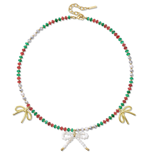 KissYan Christmas Bow Natural Gemstone Bead Festival Necklace