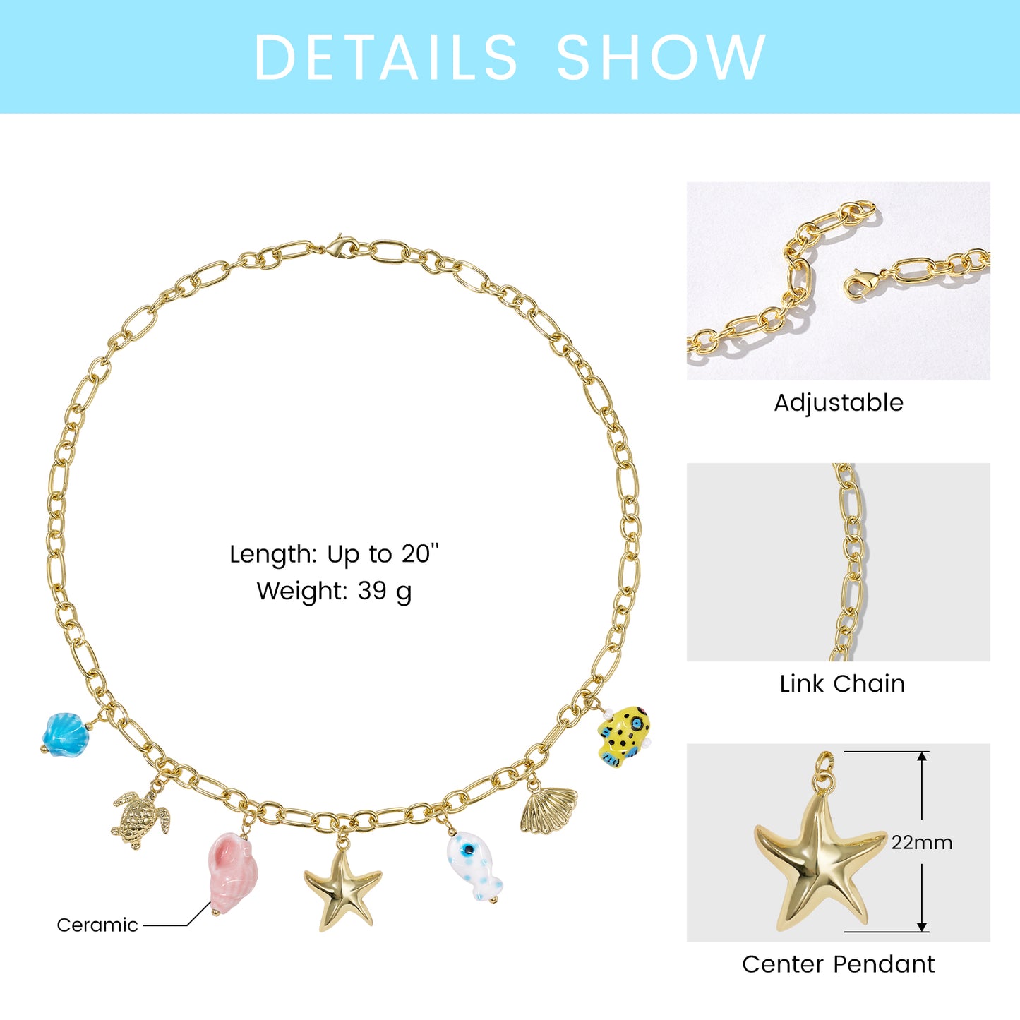 KissYan Charm Necklace Heart Starfish Sun Pendant