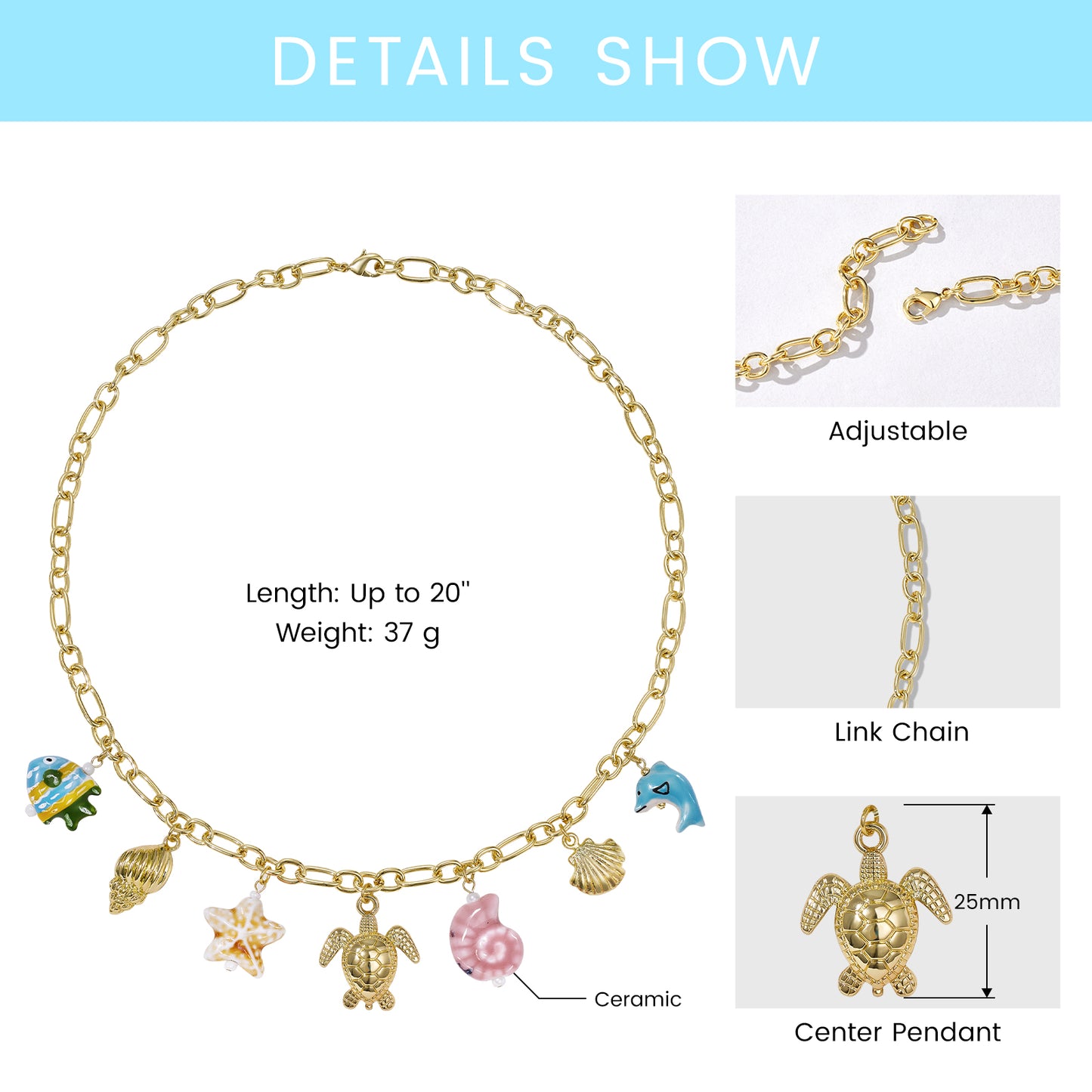 KissYan Charm Necklace Heart Starfish Sun Pendant