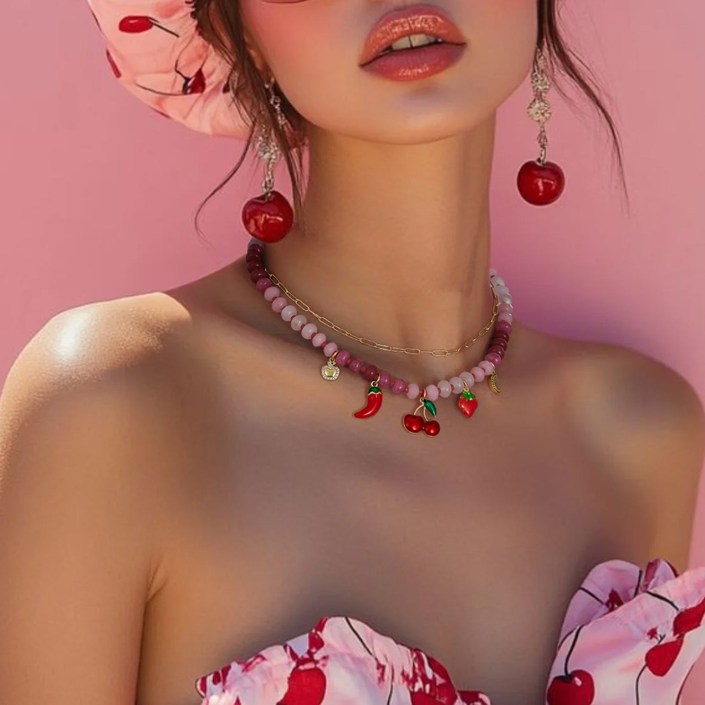 KissYan Charm Beaded Necklace with Fruit Pendant