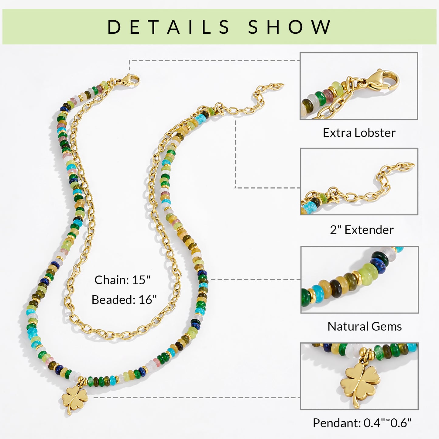 KissYan Beaded Layered Pendant Necklace with Link Chain