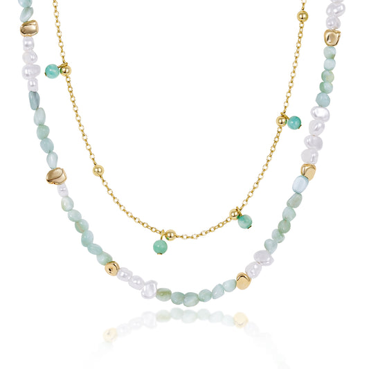 KissYan Beaded Layered Pendant Necklace with Link Chain