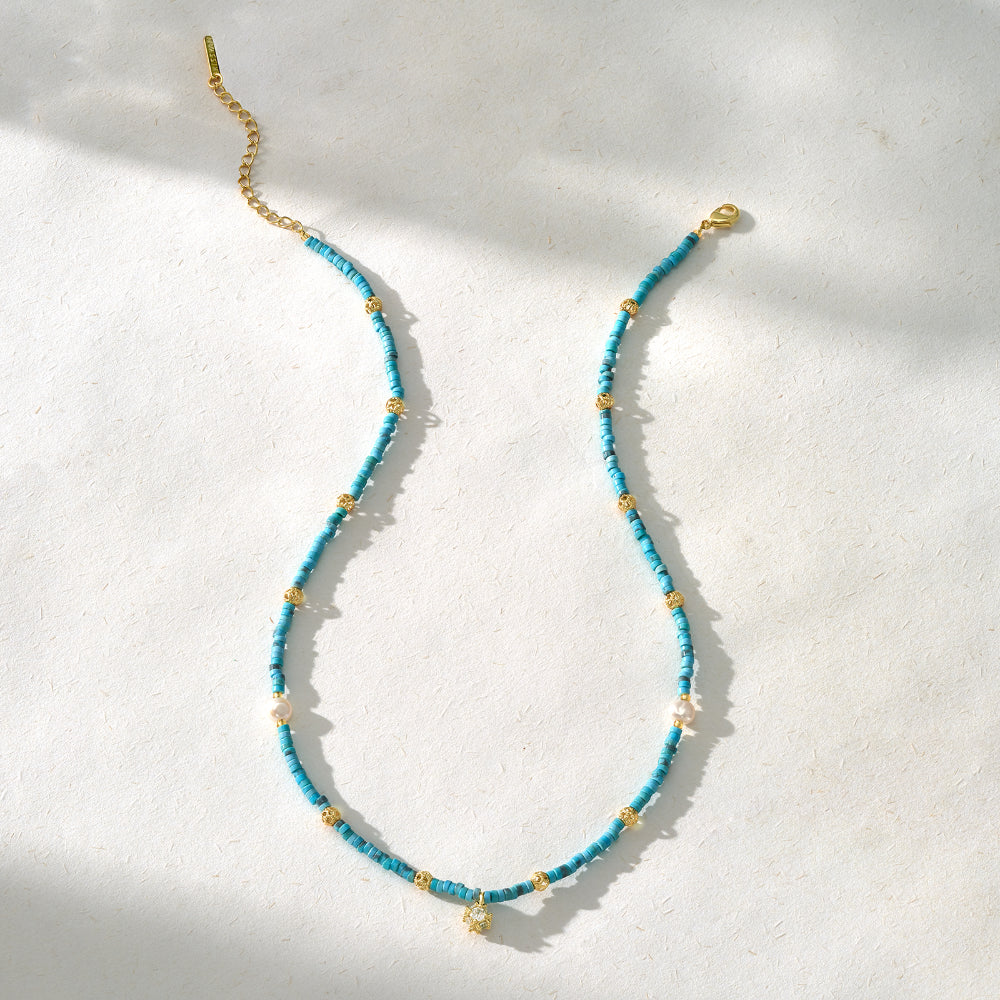 Turquoise Natural Stone Colorful Boho Seed Bead Necklace with CZ