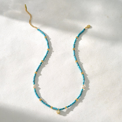 Turquoise Natural Stone Colorful Boho Seed Bead Necklace with CZ