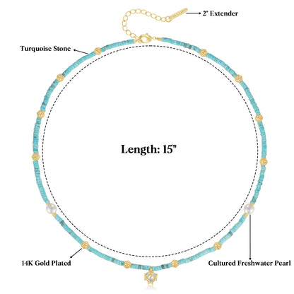 Turquoise Natural Stone Colorful Boho Seed Bead Necklace with CZ