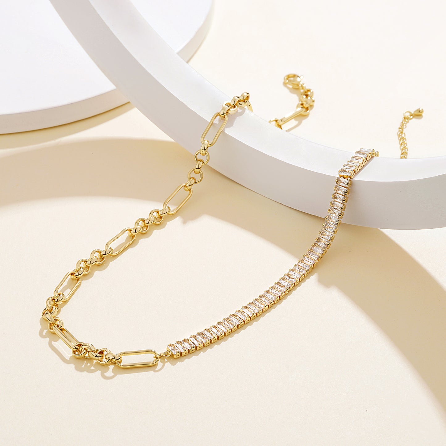 14K Gold Diamond Tennis Necklace CZ Baguette Tennis Chain