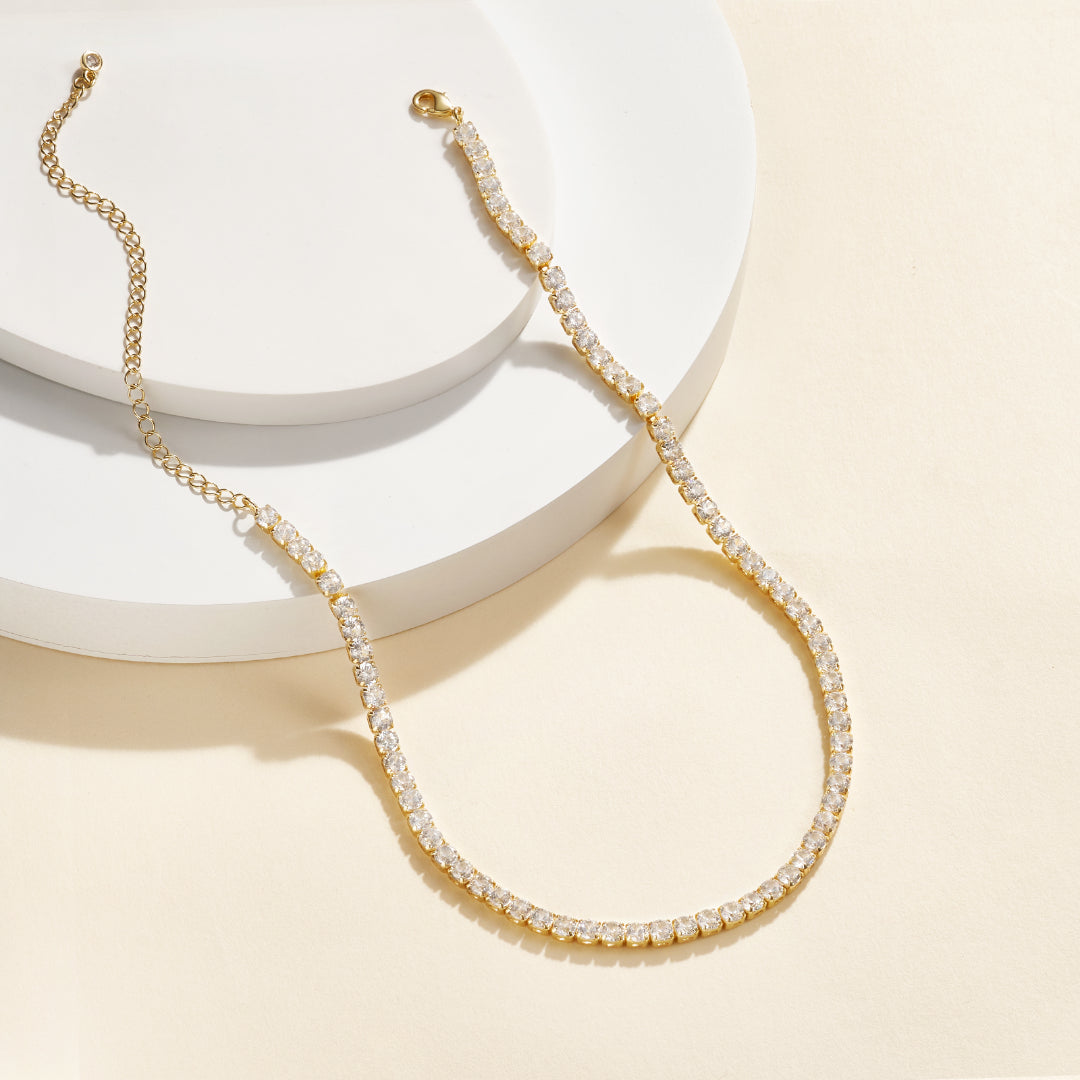 Detailed view of 14K Gold Diamond Tennis Necklace with Round CZ
