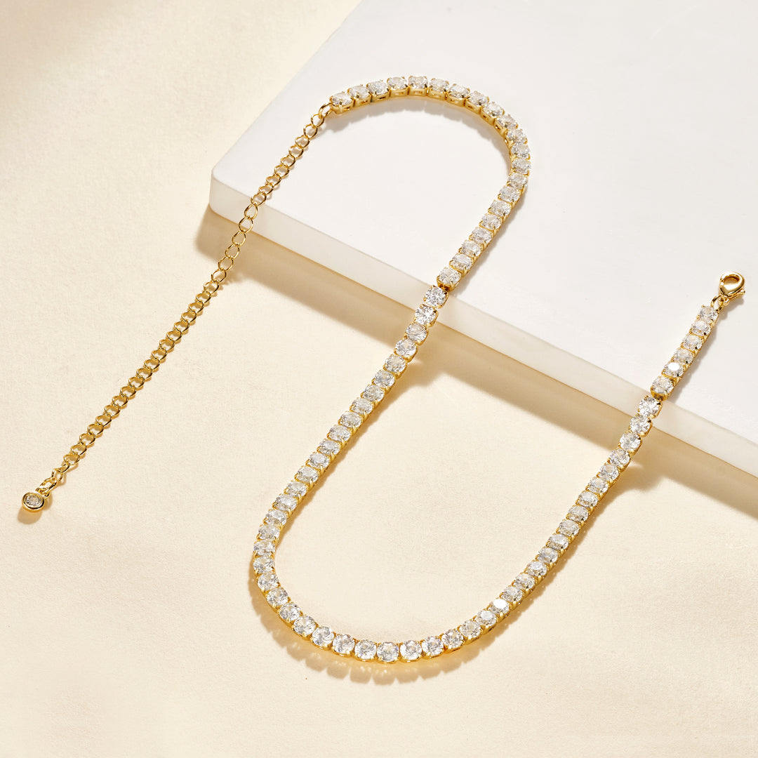 Detailed view of 14K Gold Diamond Tennis Necklace with Round CZ