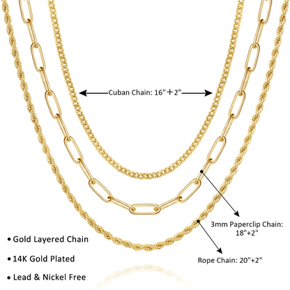 Detailed view of Dainty 14K Gold Layered Necklaces - Cuban, Rope, Paperclip