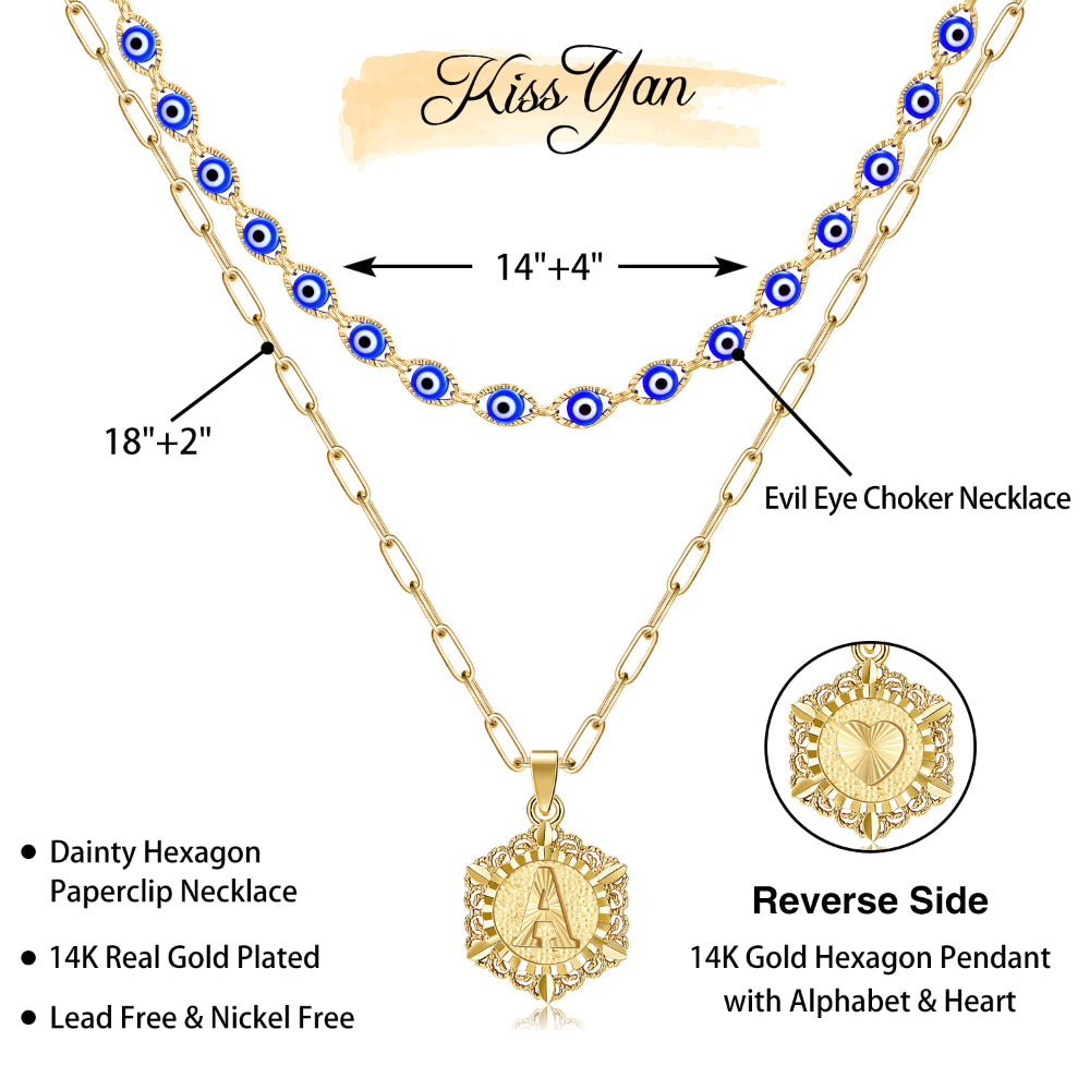 14K Gold Layered Evil Eye Initial Necklaces for Women