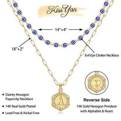 14K Gold Layered Evil Eye Initial Necklaces for Women