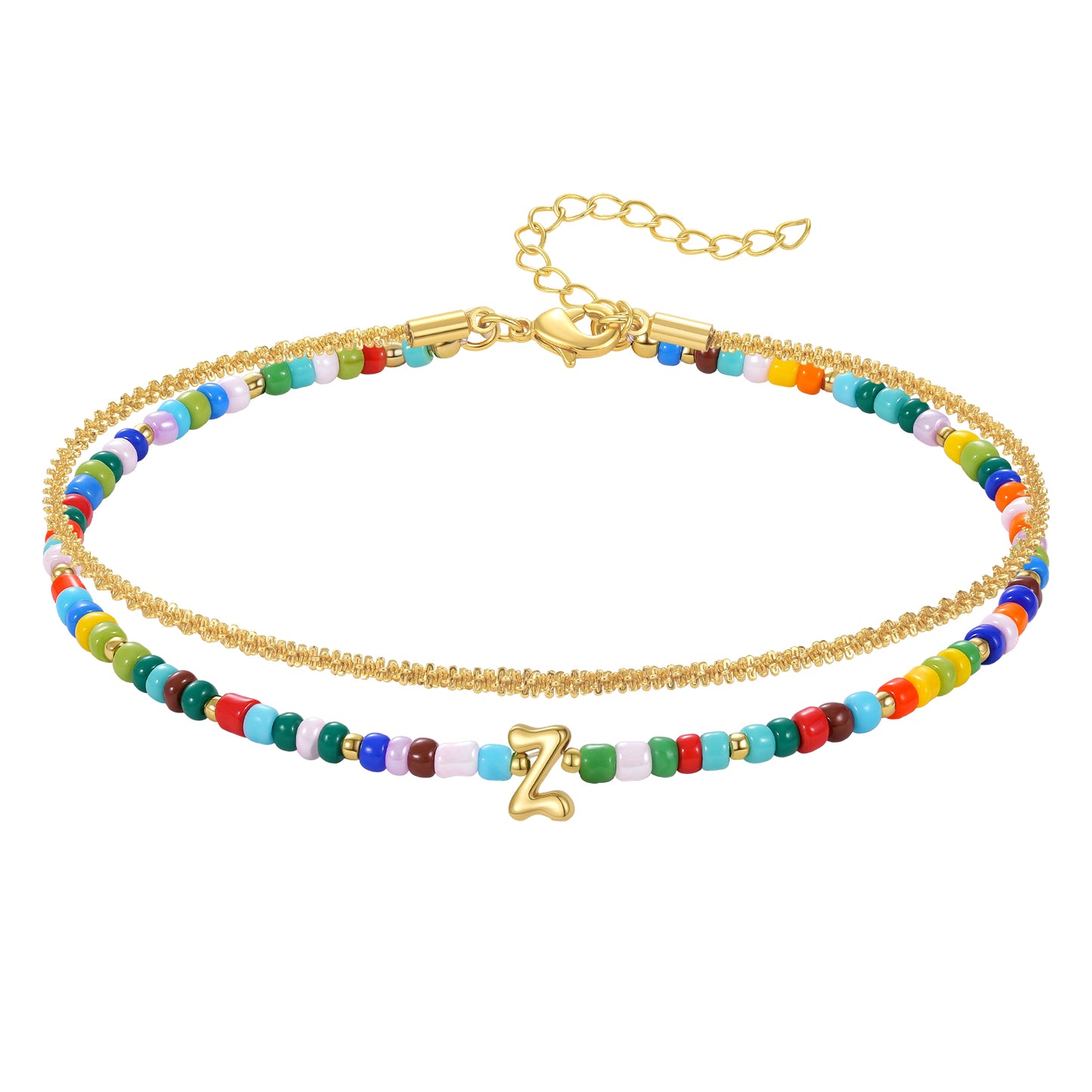 KissYan Initial Layered Colorful Beaded Anklet 14K Gold Chain