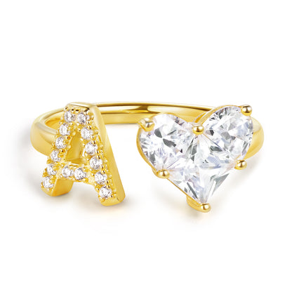 KissYan Sterling Silver Initial Heart Open Adjustable with CZ Ring