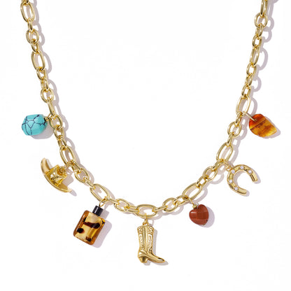 KissYan Cowgirl Western Charm Boot Horseshoe Turquoise Pendant Necklace