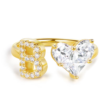 KissYan Sterling Silver Initial Heart Open Adjustable with CZ Ring