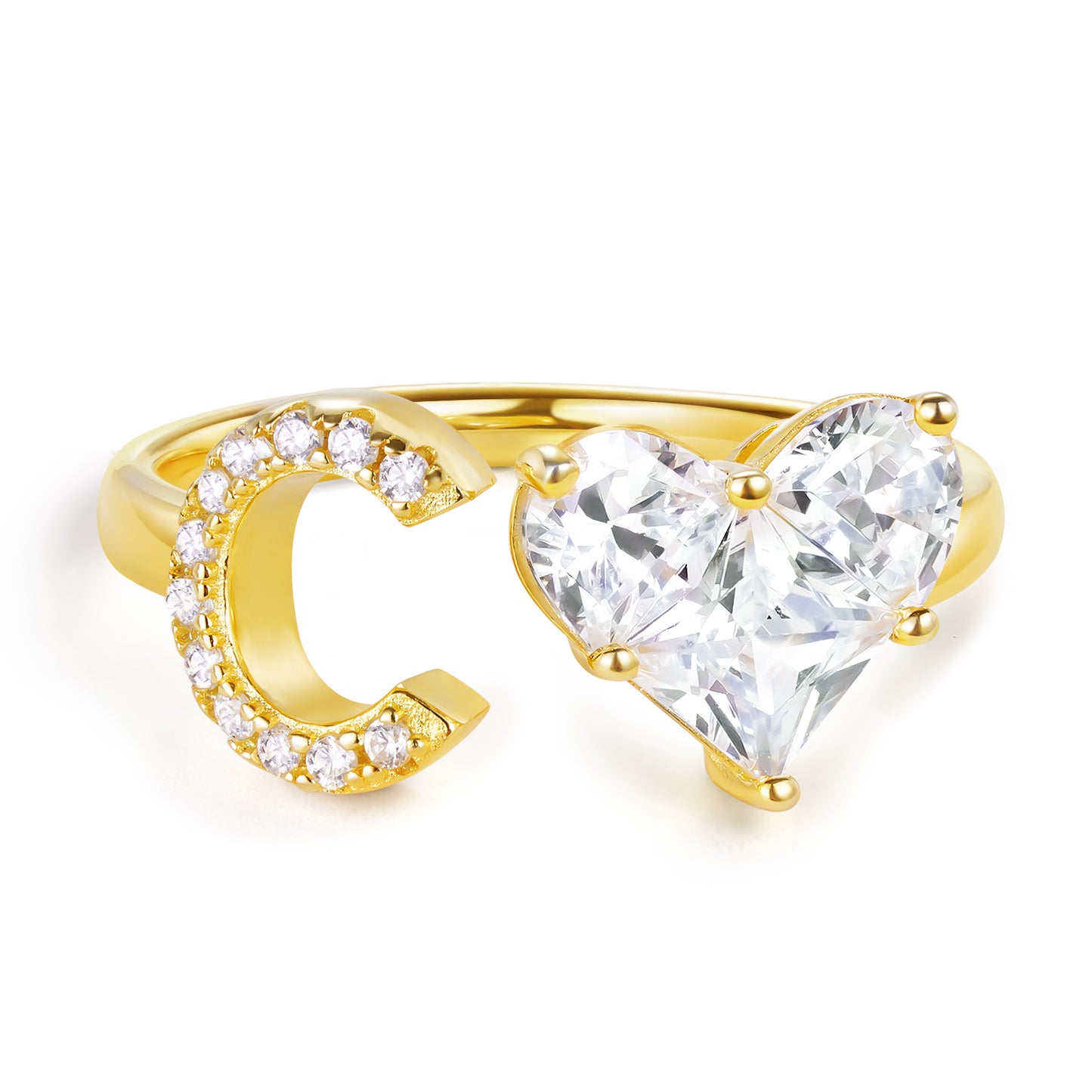 KissYan Sterling Silver Initial Heart Open Adjustable with CZ Ring