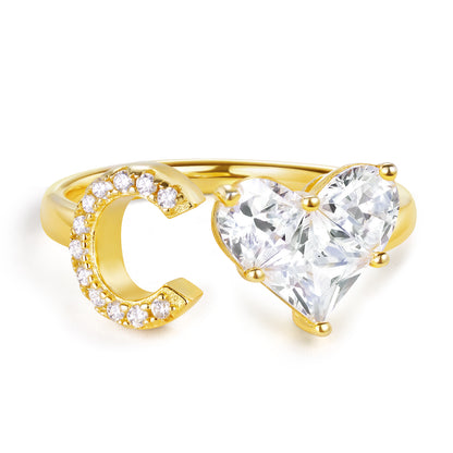 KissYan Sterling Silver Initial Heart Open Adjustable with CZ Ring