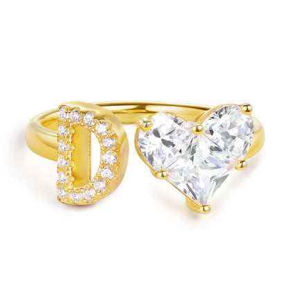 KissYan Sterling Silver Initial Heart Open Adjustable with CZ Ring