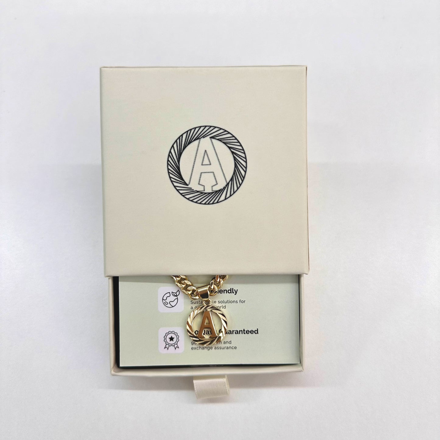 14K Gold Plated Round Letter Pendant Necklace with 5mm Cuban Chain