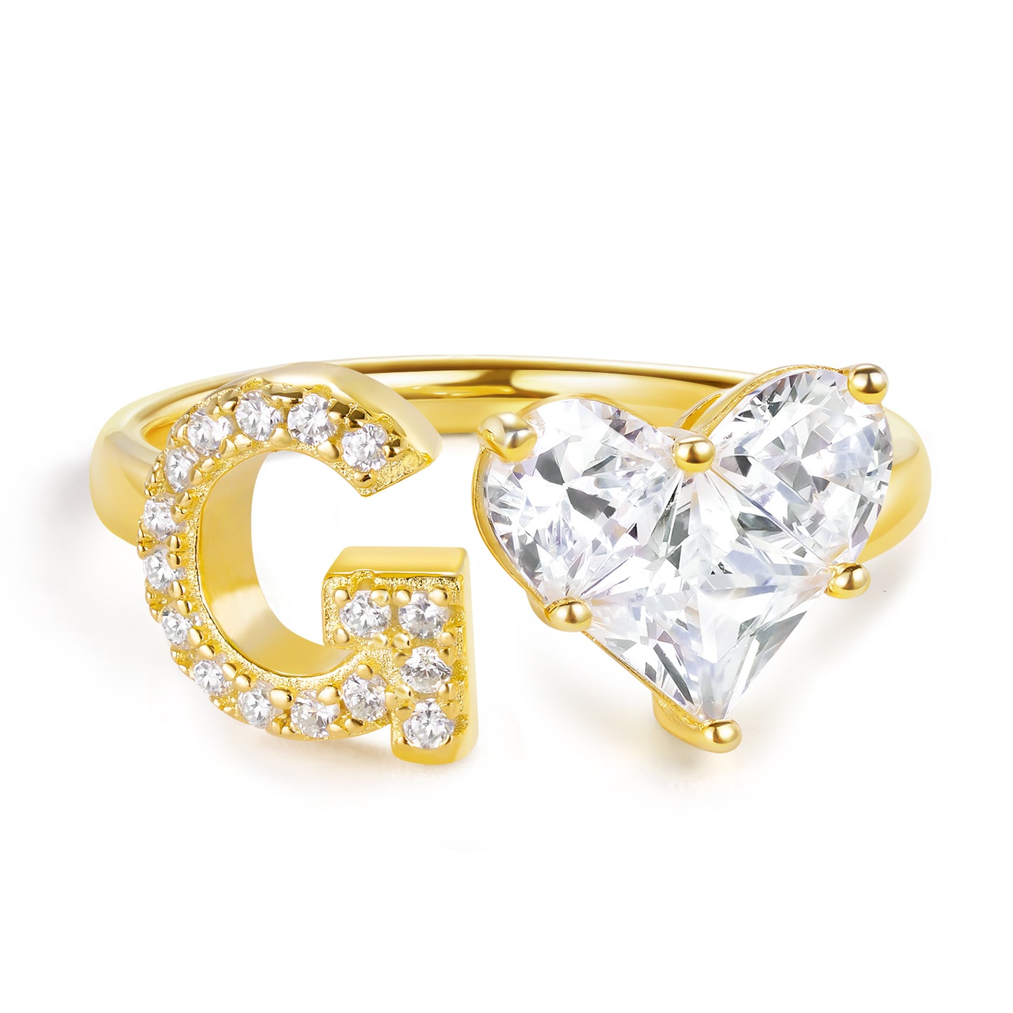 KissYan Sterling Silver Initial Heart Open Adjustable with CZ Ring