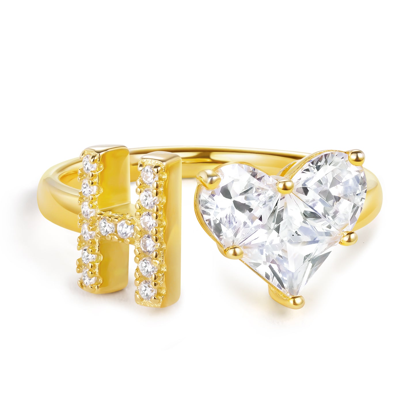 KissYan Sterling Silver Initial Heart Open Adjustable with CZ Ring