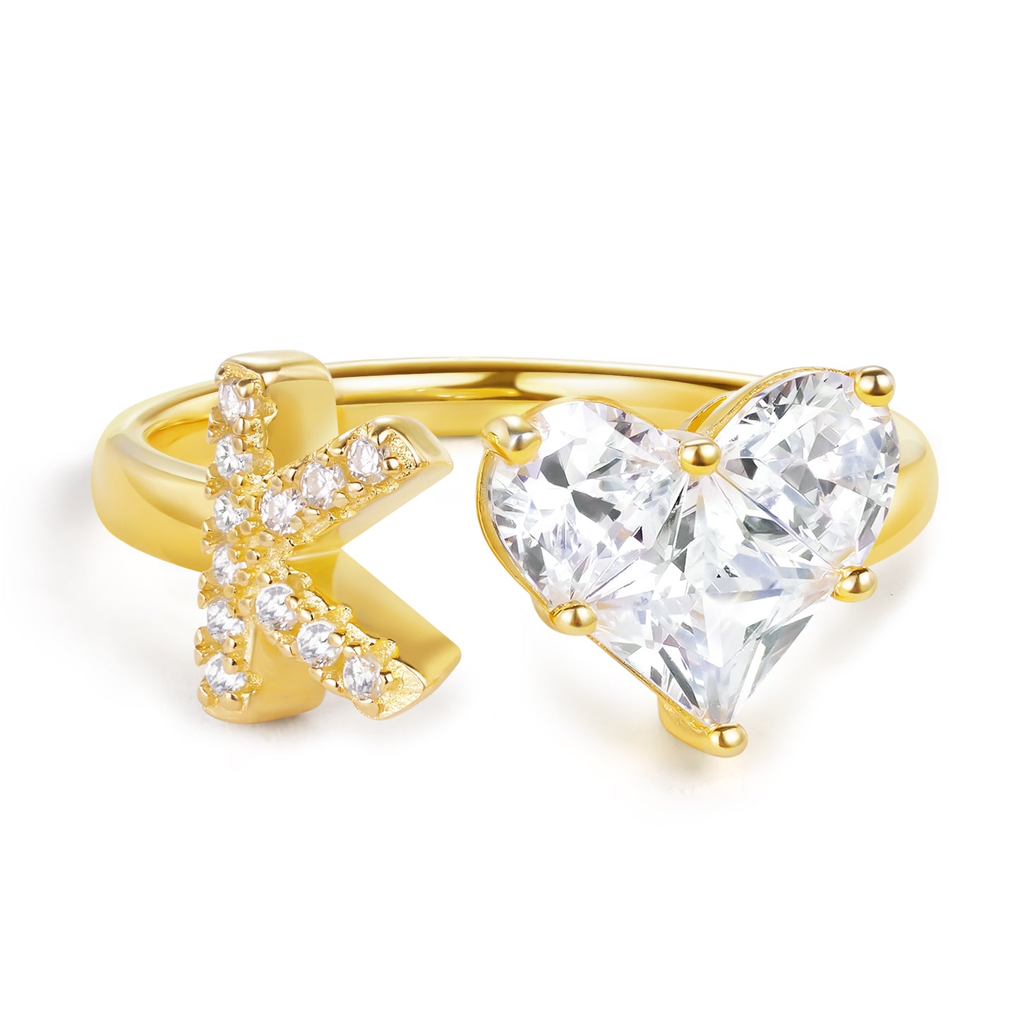 KissYan Sterling Silver Initial Heart Open Adjustable with CZ Ring