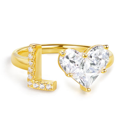 KissYan Sterling Silver Initial Heart Open Adjustable with CZ Ring