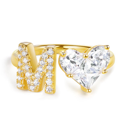 KissYan Sterling Silver Initial Heart Open Adjustable with CZ Ring
