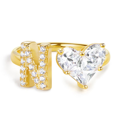 KissYan Sterling Silver Initial Heart Open Adjustable with CZ Ring