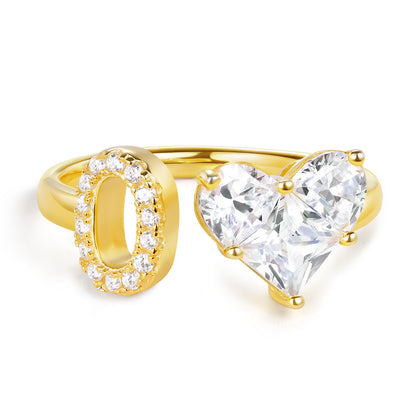 KissYan Sterling Silver Initial Heart Open Adjustable with CZ Ring