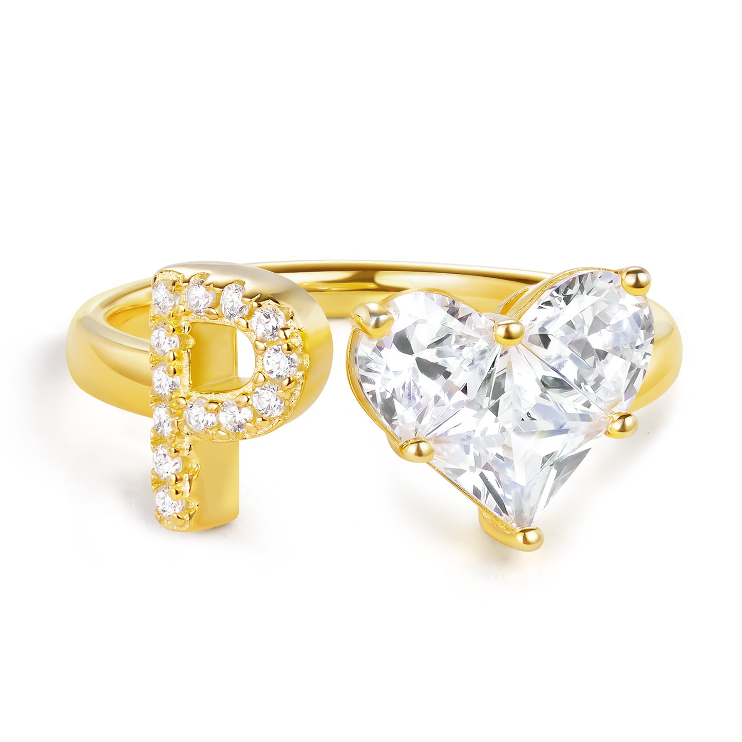 KissYan Sterling Silver Initial Heart Open Adjustable with CZ Ring