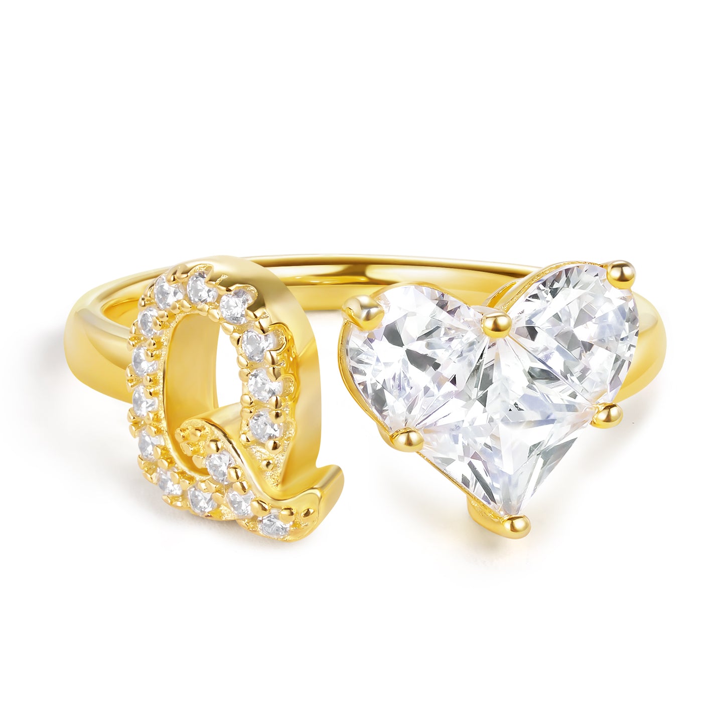 KissYan Sterling Silver Initial Heart Open Adjustable with CZ Ring