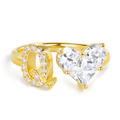KissYan Sterling Silver Initial Heart Open Adjustable with CZ Ring