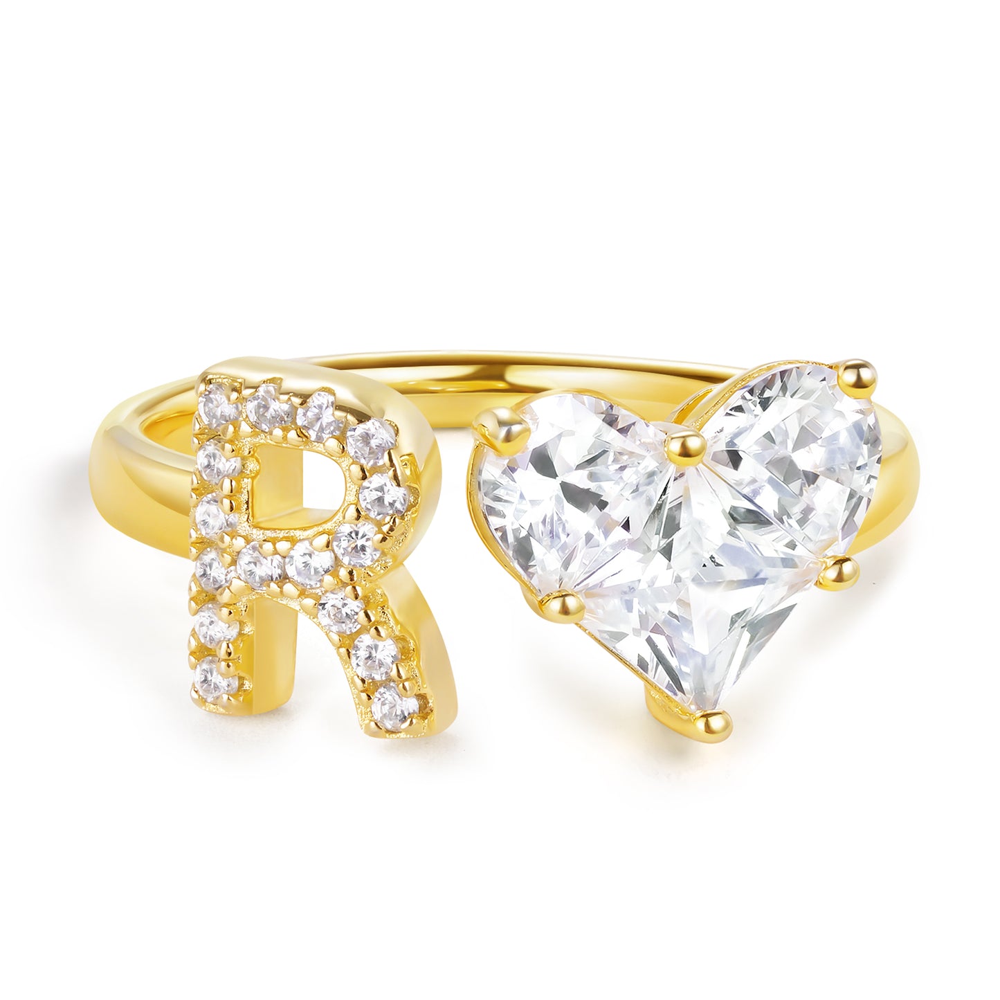 KissYan Sterling Silver Initial Heart Open Adjustable with CZ Ring