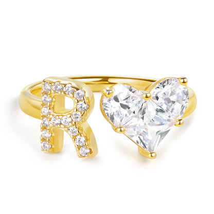 KissYan Sterling Silver Initial Heart Open Adjustable with CZ Ring
