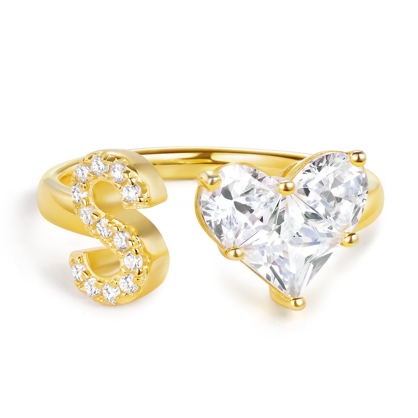 KissYan Sterling Silver Initial Heart Open Adjustable with CZ Ring