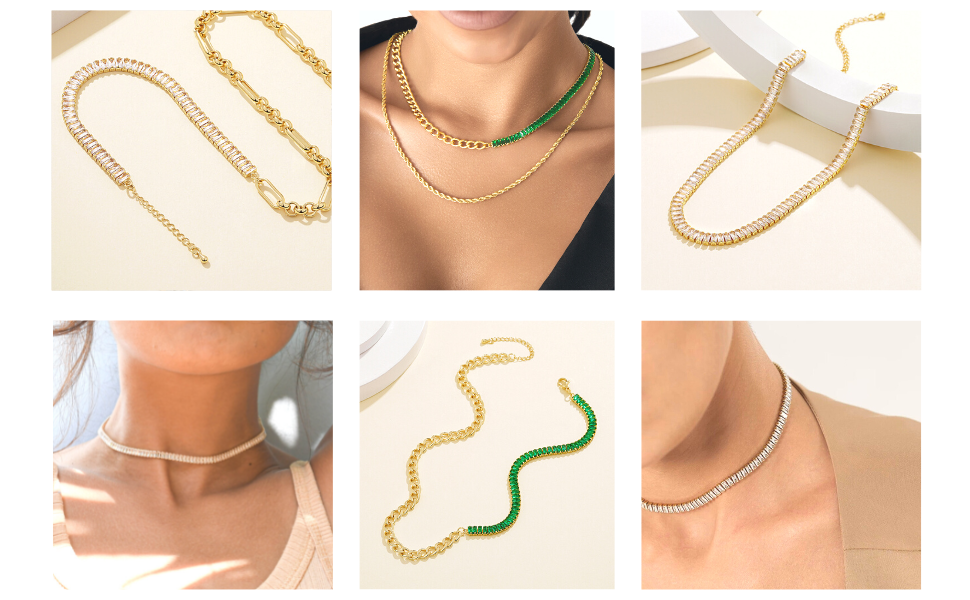 14K Gold Diamond Tennis Necklace CZ Baguette Tennis Chain