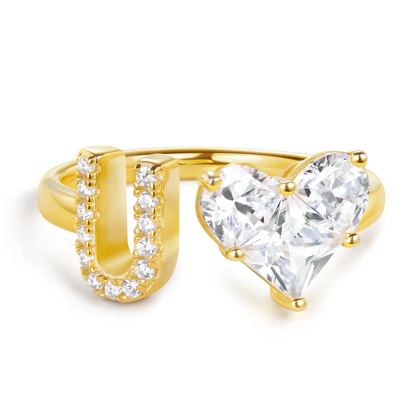 KissYan Sterling Silver Initial Heart Open Adjustable with CZ Ring