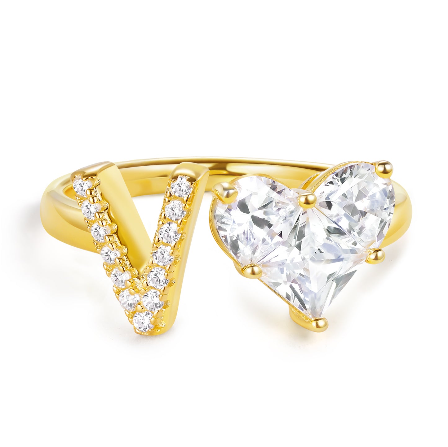 KissYan Sterling Silver Initial Heart Open Adjustable with CZ Ring