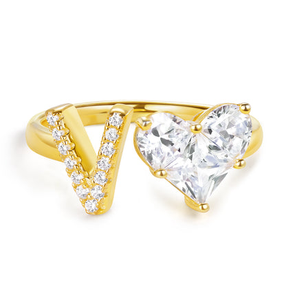 KissYan Sterling Silver Initial Heart Open Adjustable with CZ Ring